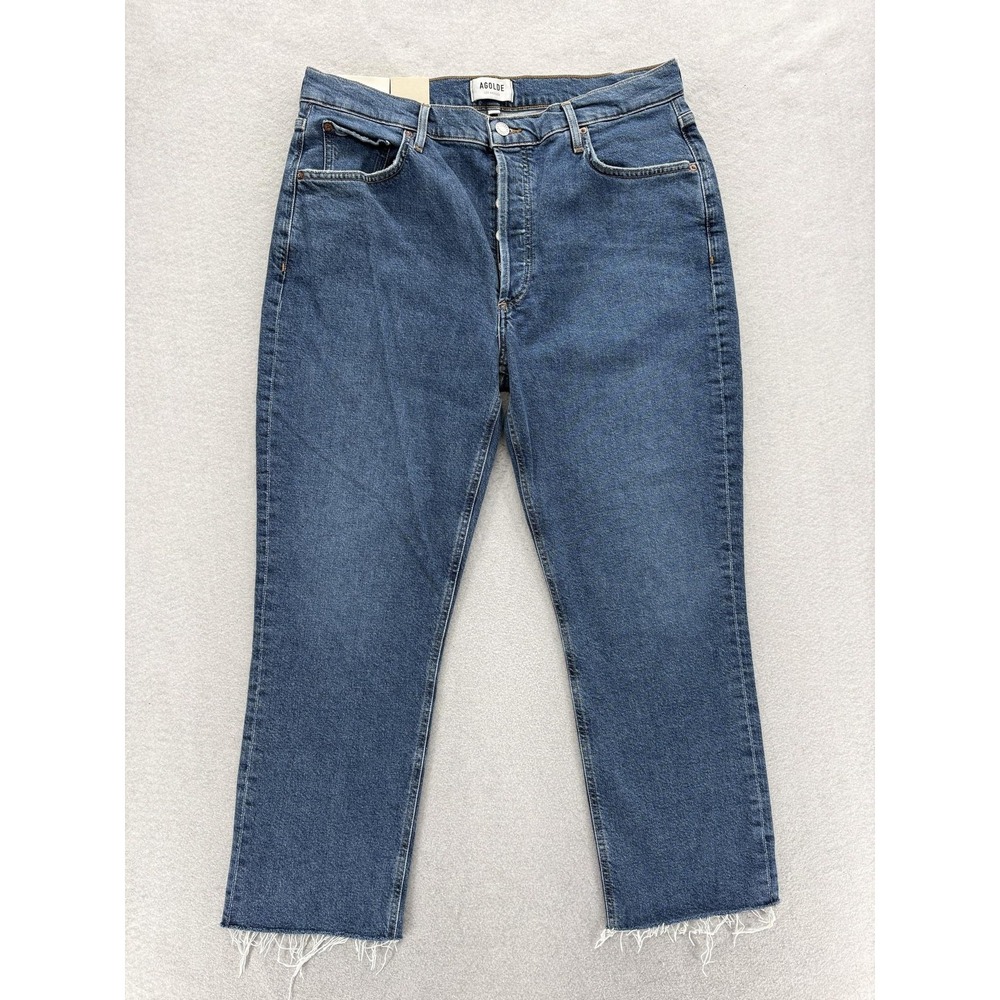 AGOLDE Riley Crop High Rise Straight Jeans Womens 32 Blue Raw Hem Button Fly NWT